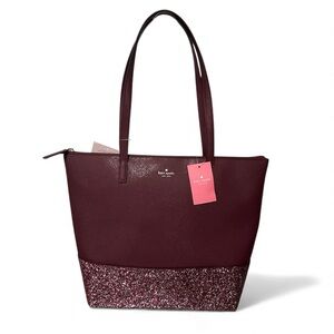 Kate Spade Greta Court Penny Cherry Wood Burgundy Glitter Tote Zip Closure NWT